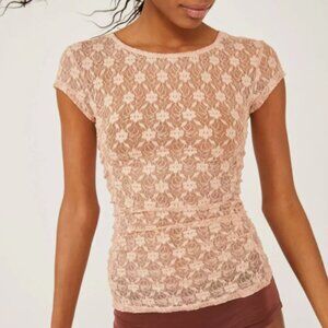 Free People Intimately Keep It Simple Lace Baby Tee XS Floral Short Sleeve Pink